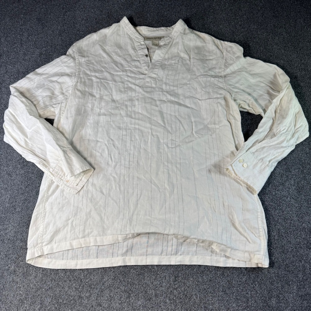 Banana Republic Mens Large 100% Linen Striped Henley Shirt Cream Band Collar